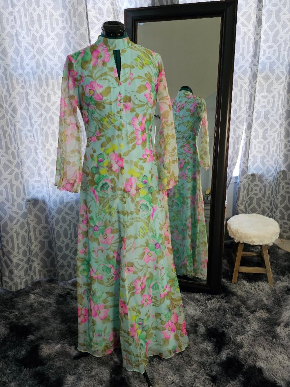 Mint Green Floral Maxi Dress with Pink Blooms